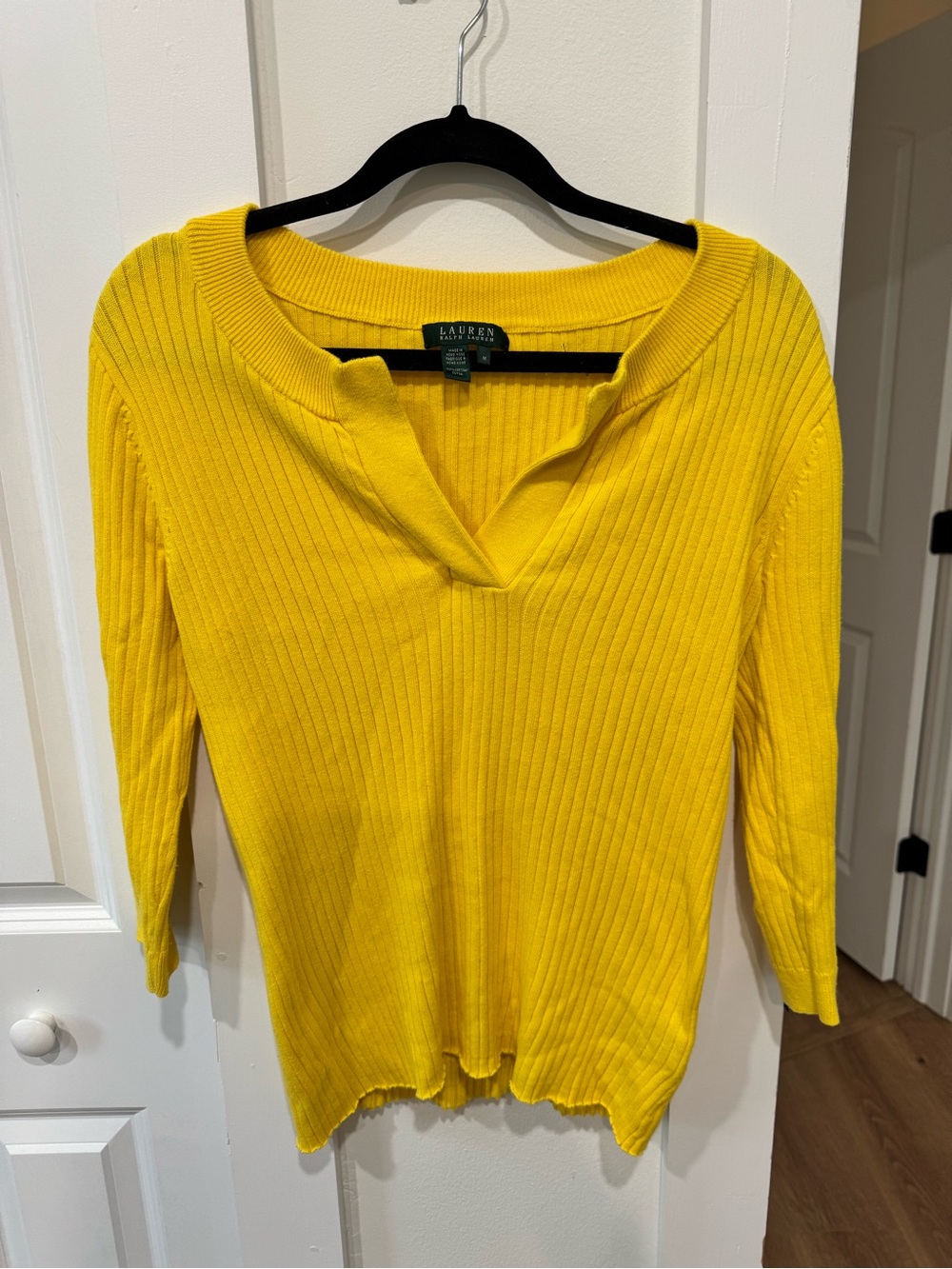 Ralph Lauren Bright Yellow Ribbed V-Neck Long Sleeve Top
